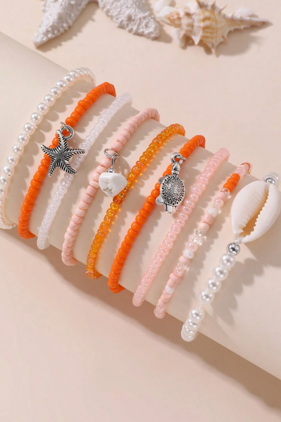 Bohemian Beach Themed Faux Pearl Beaded Bracelet Set For Girl - 7 Unique Stretchy Adjustable Styles with Seashell Charms & Gold Accents Perfect for Summer Glam