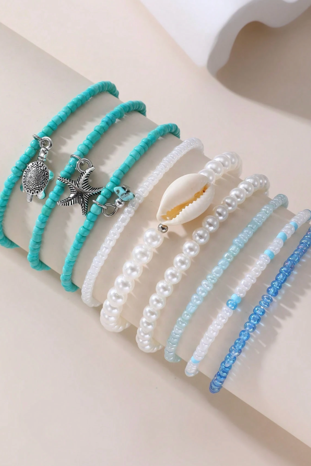 Bohemian Beach Themed Faux Pearl Beaded Bracelet Set For Girl - 7 Unique Stretchy Adjustable Styles with Seashell Charms & Gold Accents Perfect for Summer Glam
