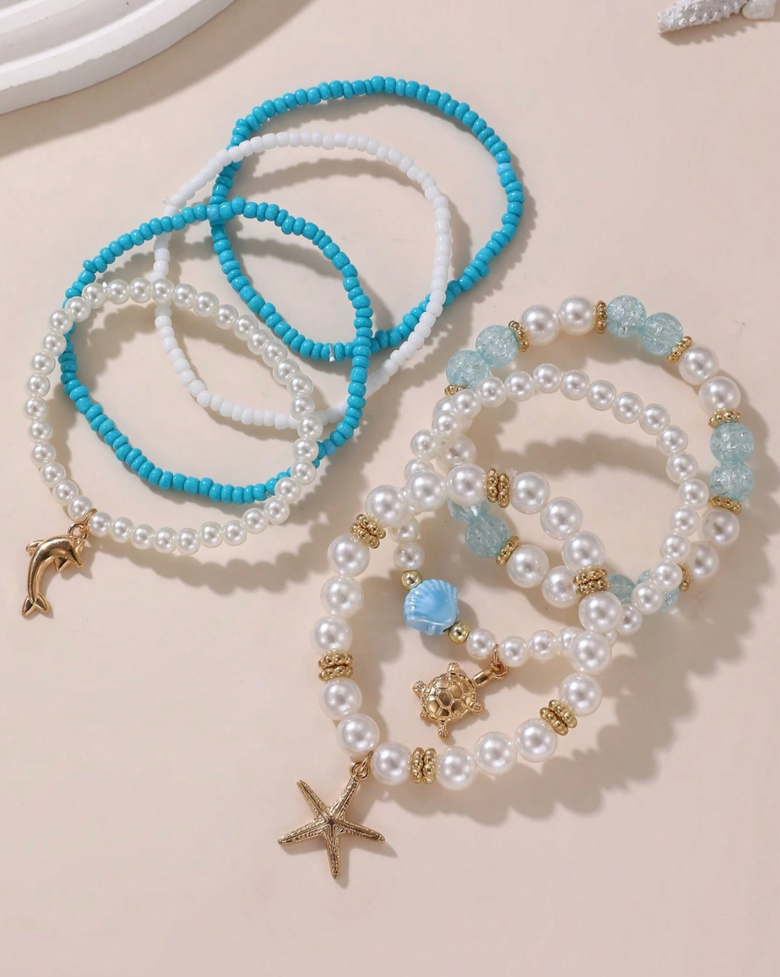 Bohemian Beach Themed Faux Pearl Beaded Bracelet Set For Girl - 7 Unique Stretchy Adjustable Styles with Seashell Charms & Gold Accents Perfect for Summer Glam