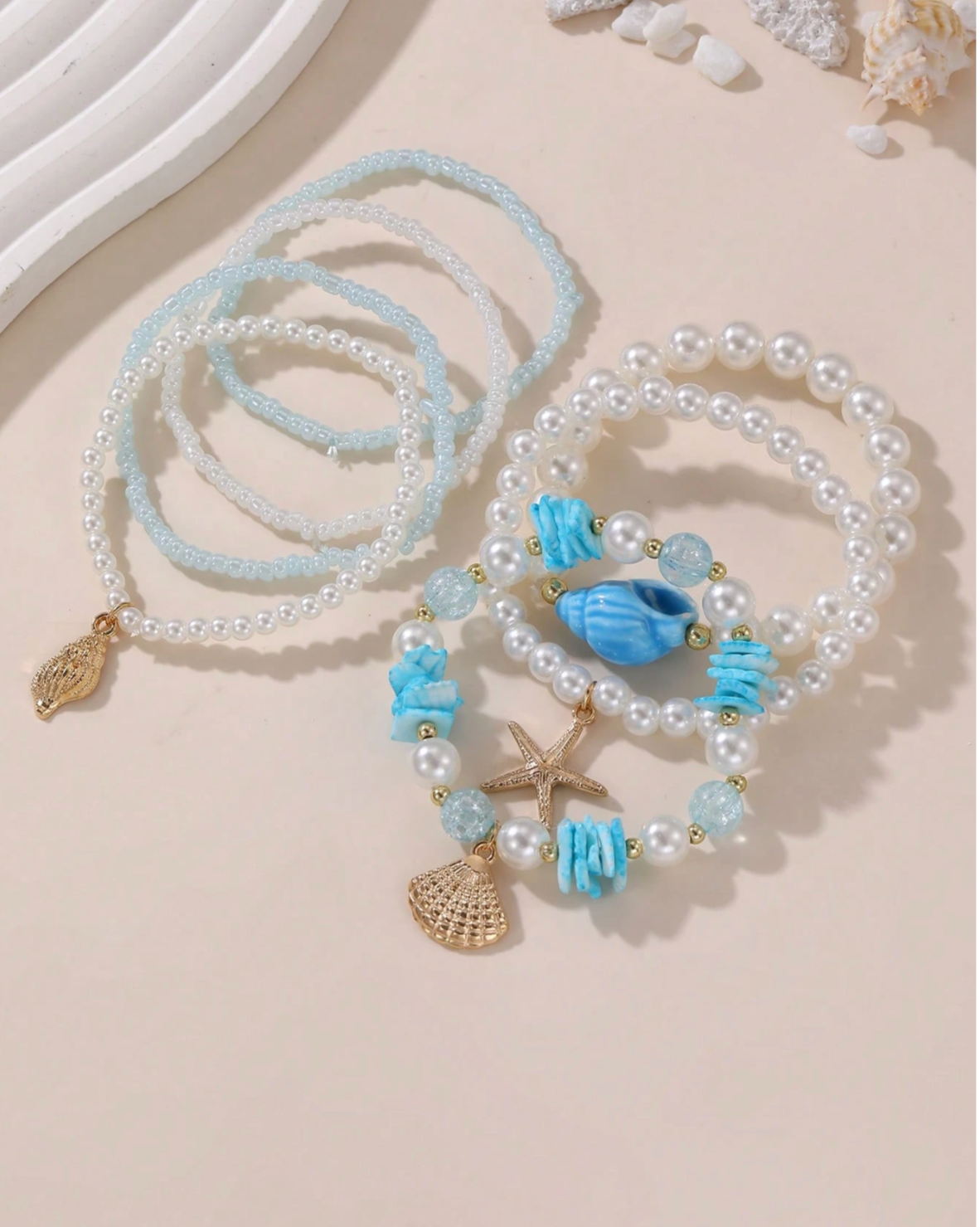Bohemian Beach Themed Faux Pearl Beaded Bracelet Set For Girl - 7 Unique Stretchy Adjustable Styles with Seashell Charms & Gold Accents Perfect for Summer Glam