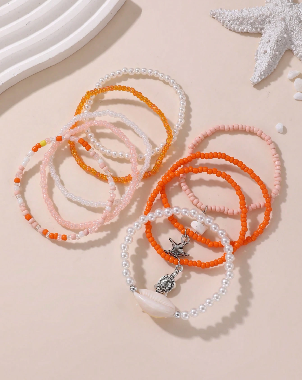 Bohemian Beach Themed Faux Pearl Beaded Bracelet Set For Girl - 7 Unique Stretchy Adjustable Styles with Seashell Charms & Gold Accents Perfect for Summer Glam