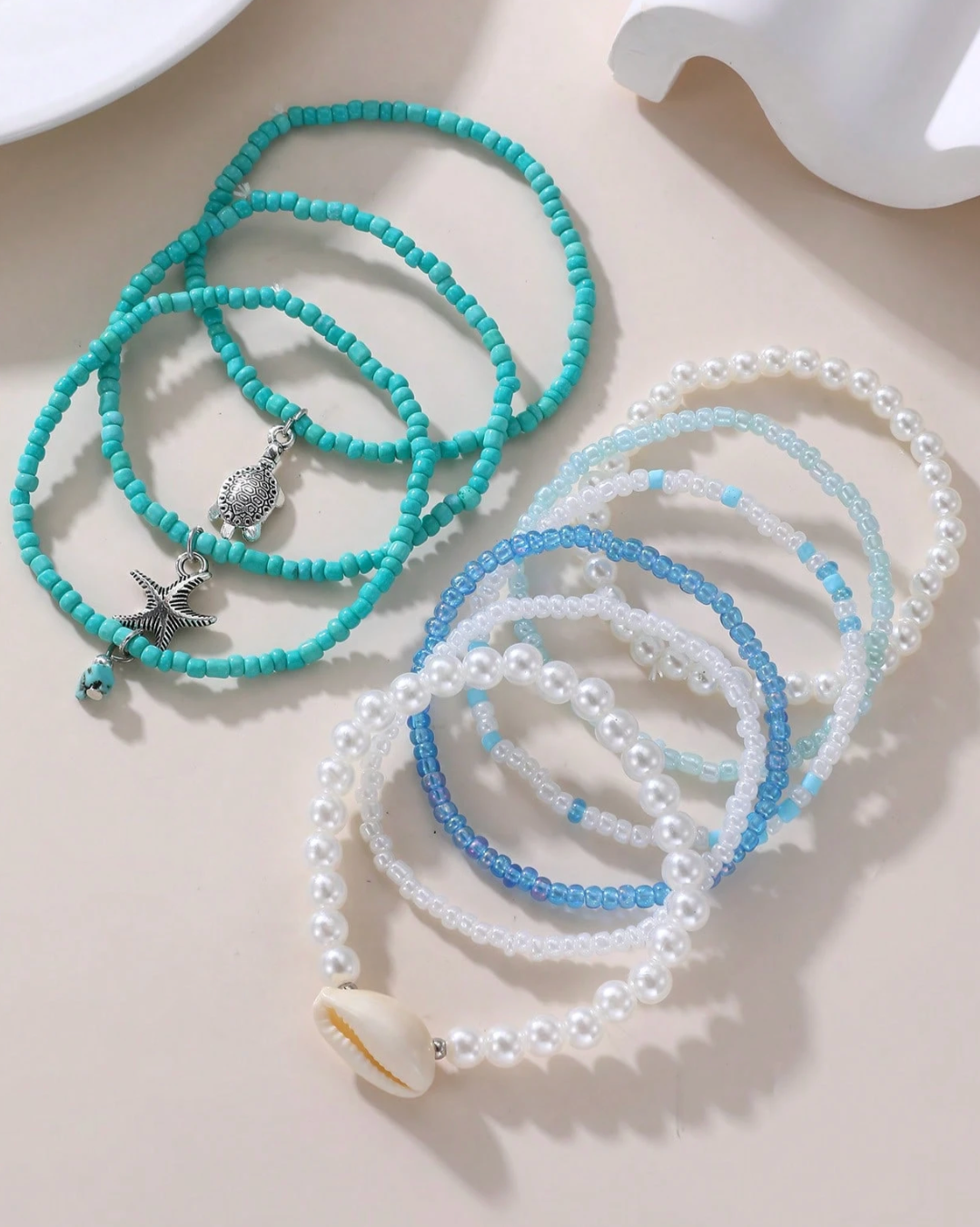 Bohemian Beach Themed Faux Pearl Beaded Bracelet Set For Girl - 7 Unique Stretchy Adjustable Styles with Seashell Charms & Gold Accents Perfect for Summer Glam