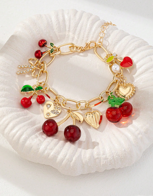 1pc Handmade Cherry Bow Heart Charm Bracelet, Golden Color Chunky Chain, Fashionable Cherry Bracelet Jewelry, Spring/Summer
