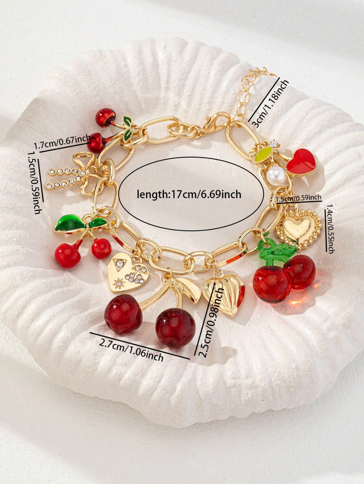 1pc Handmade Cherry Bow Heart Charm Bracelet, Golden Color Chunky Chain, Fashionable Cherry Bracelet Jewelry, Spring/Summer