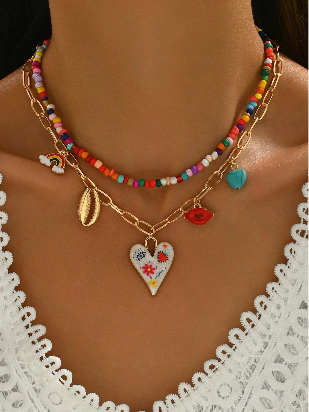 2pcs Funky Pendant Necklace Set – Colorful Beaded Chains with Heart, Lips, Shell, Rainbow & Turquoise Charms