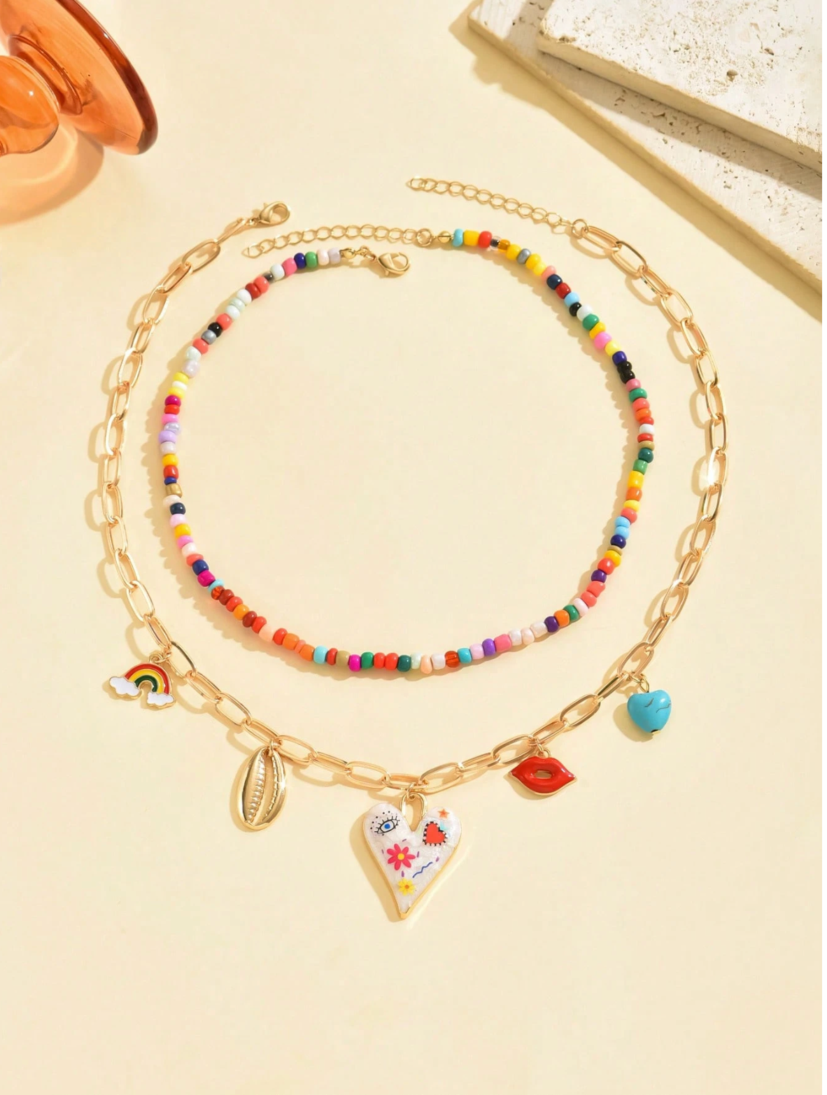2pcs Funky Pendant Necklace Set – Colorful Beaded Chains with Heart, Lips, Shell, Rainbow & Turquoise Charms