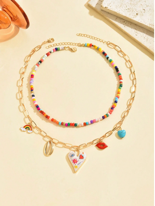 2pcs Funky Pendant Necklace Set – Colorful Beaded Chains with Heart, Lips, Shell, Rainbow & Turquoise Charms