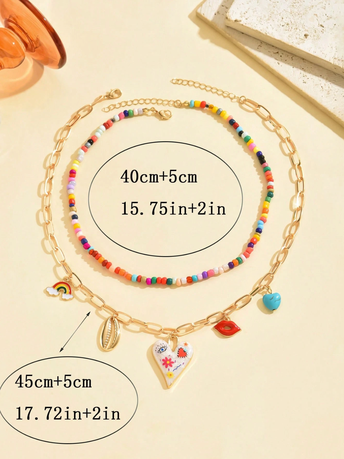 2pcs Funky Pendant Necklace Set – Colorful Beaded Chains with Heart, Lips, Shell, Rainbow & Turquoise Charms