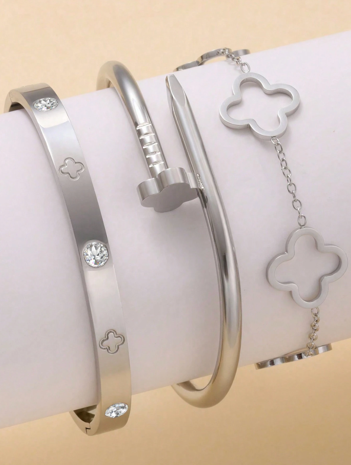 3pcs Luxury Clover Cuff Bracelet Set – Stainless Steel Bangles with Zirconia Inlay