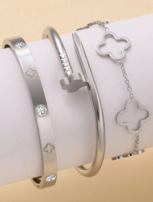 3pcs Luxury Clover Cuff Bracelet Set – Stainless Steel Bangles with Zirconia Inlay