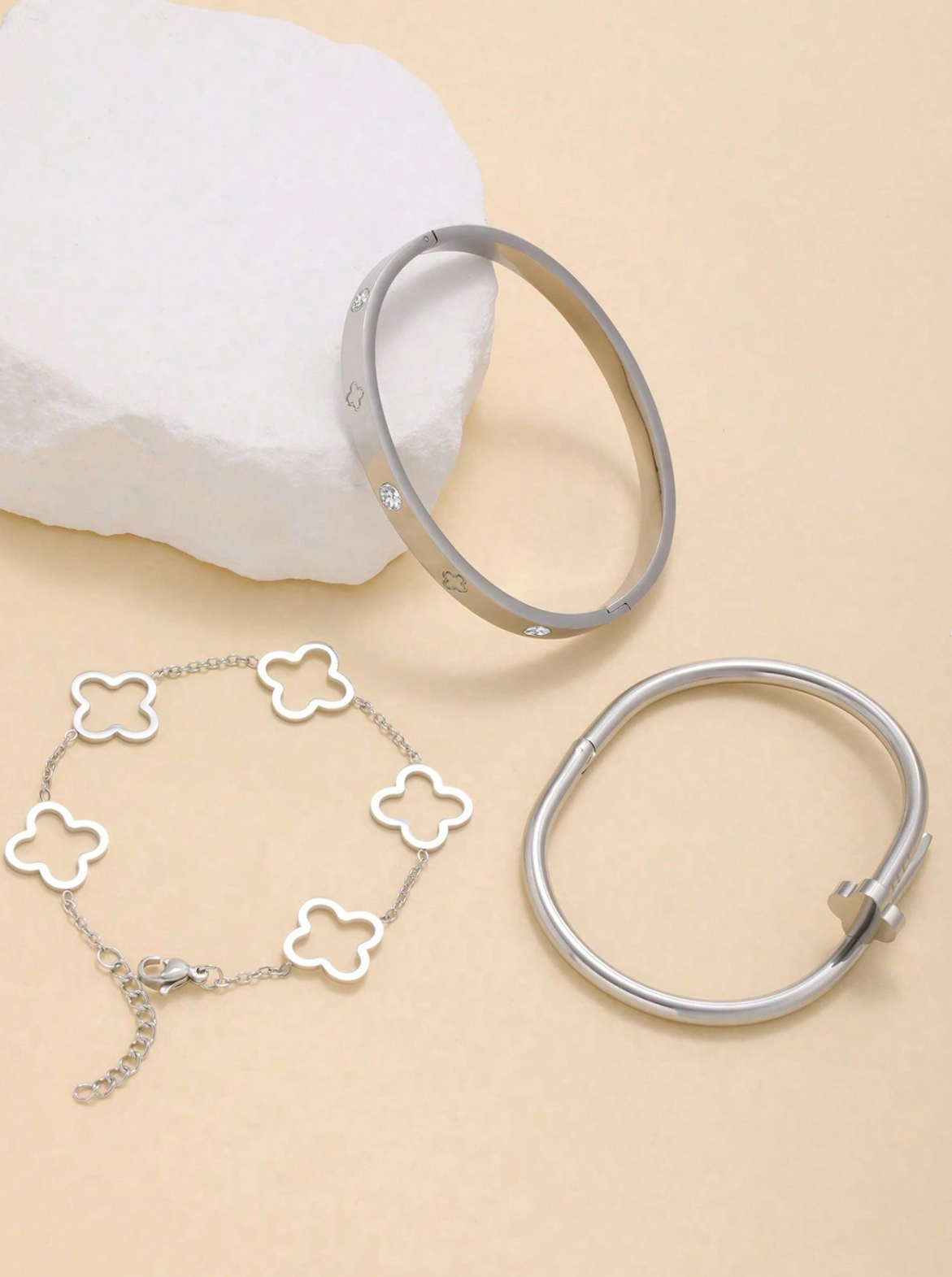 3pcs Luxury Clover Cuff Bracelet Set – Stainless Steel Bangles with Zirconia Inlay