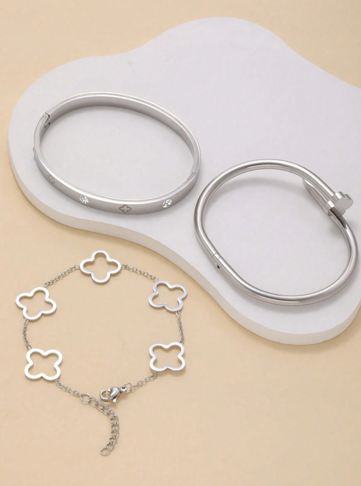 3pcs Luxury Clover Cuff Bracelet Set – Stainless Steel Bangles with Zirconia Inlay