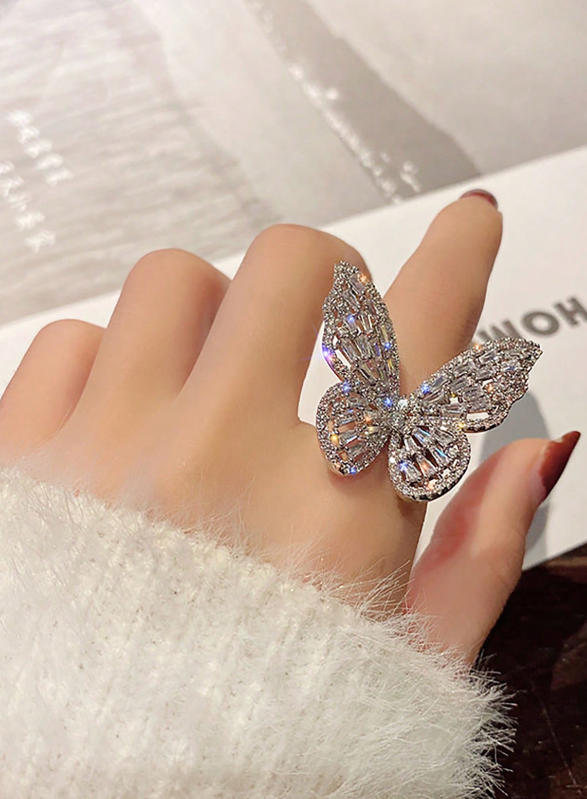 Cubic Zirconia Butterfly Ring – Dainty Adjustable Sparkling Insect-Inspired Jewelry