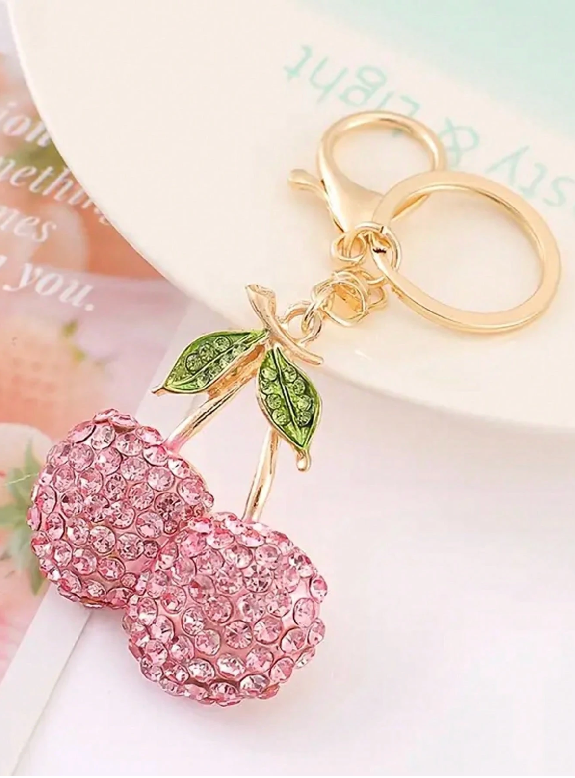 Cherry Bag Charm Keychain – Glitter Cherry Pendant with Gold Chain Clip