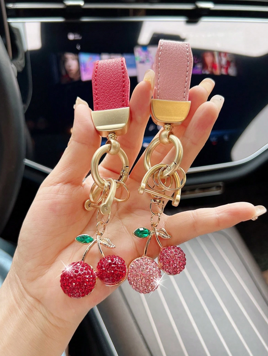 1pc Leather Belt Alloy Rhinestone Cherry Design Car Keychain