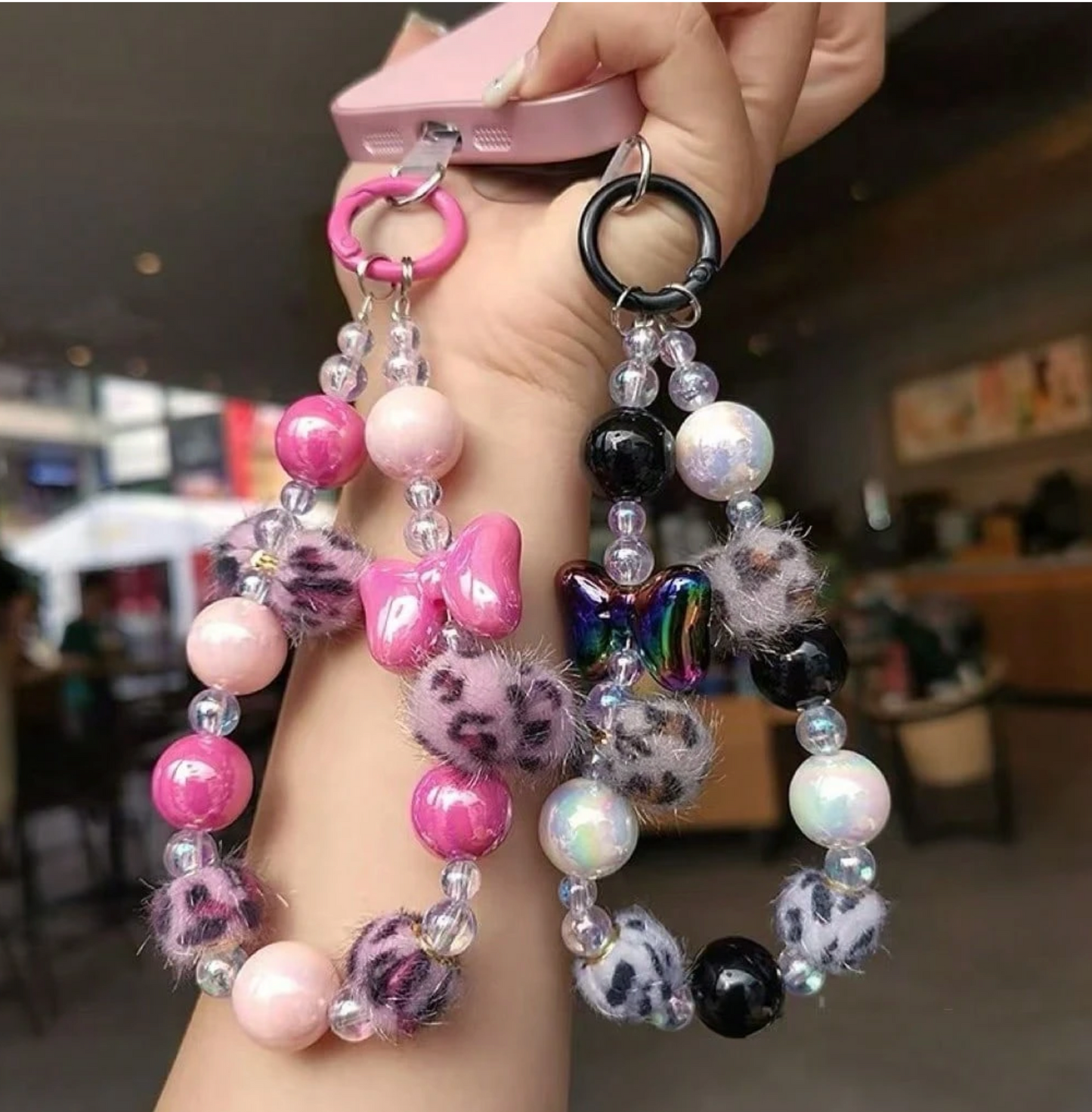 Leopard Fur Pom Pom Beaded Wrist Strap – High-End Bowknot Clip-On Lanyard for Phones, Keys & Bags