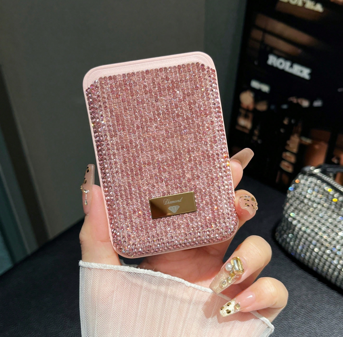 Sparkling Rhinestone Credit Card Holder – Magnetic Wallet Mount Compatible with iPhone