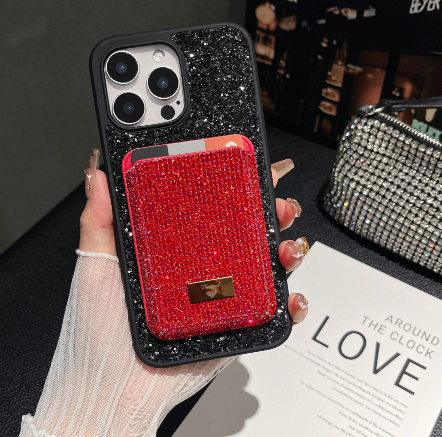 Sparkling Rhinestone Credit Card Holder – Magnetic Wallet Mount Compatible with iPhone