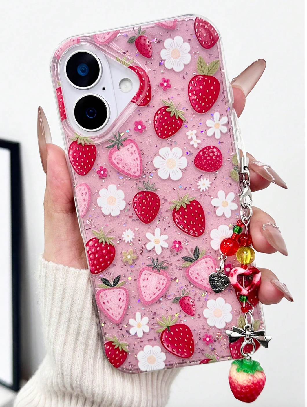 Red Glitter Epoxy Floral Phone Case – Cherry & Strawberry Variations with Dangling Charm | Shockproof Transparent Cover for iPhone