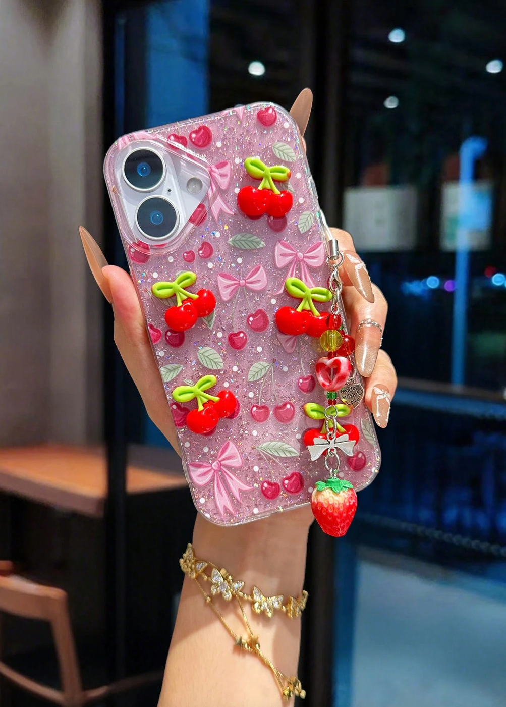 Red Glitter Epoxy Floral Phone Case – Cherry & Strawberry Variations with Dangling Charm | Shockproof Transparent Cover for iPhone