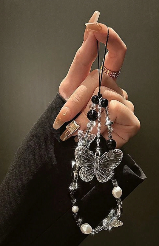3D Crystal Butterfly Pearl Phone Chain – Luxury Detachable Lanyard for All Phone Models