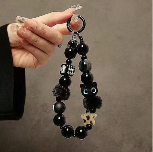 Unique Black Beaded Phone Strap – Wrist Lanyard for Phones, Handbags & Cameras