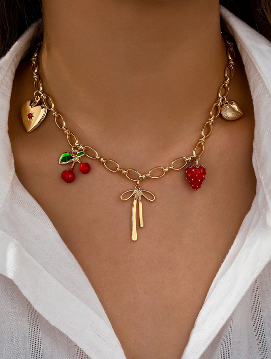 1 Pc Heart Locket Bow Cherry Charm Necklace For Women Summer Necklaces Boho Jewelry