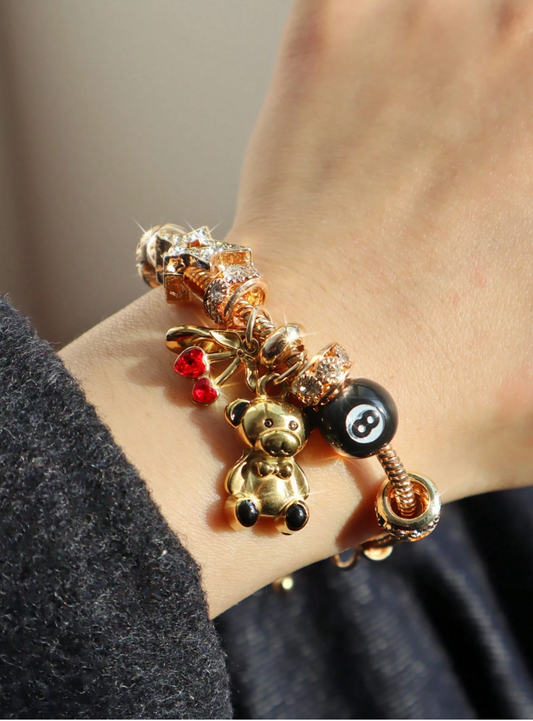 1pc Teddy Bear & Cherry Charm Bracelet – Y2K Adjustable Retro Bracelet with Ballet Shoe Detail, Cute Gift for Girls & Teens