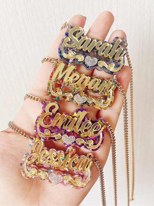 Custom Bling Acrylic Name Necklace – Personalized Glitter Heart Lace Pendant Chain, Leave The Name in The Order Instruction Please