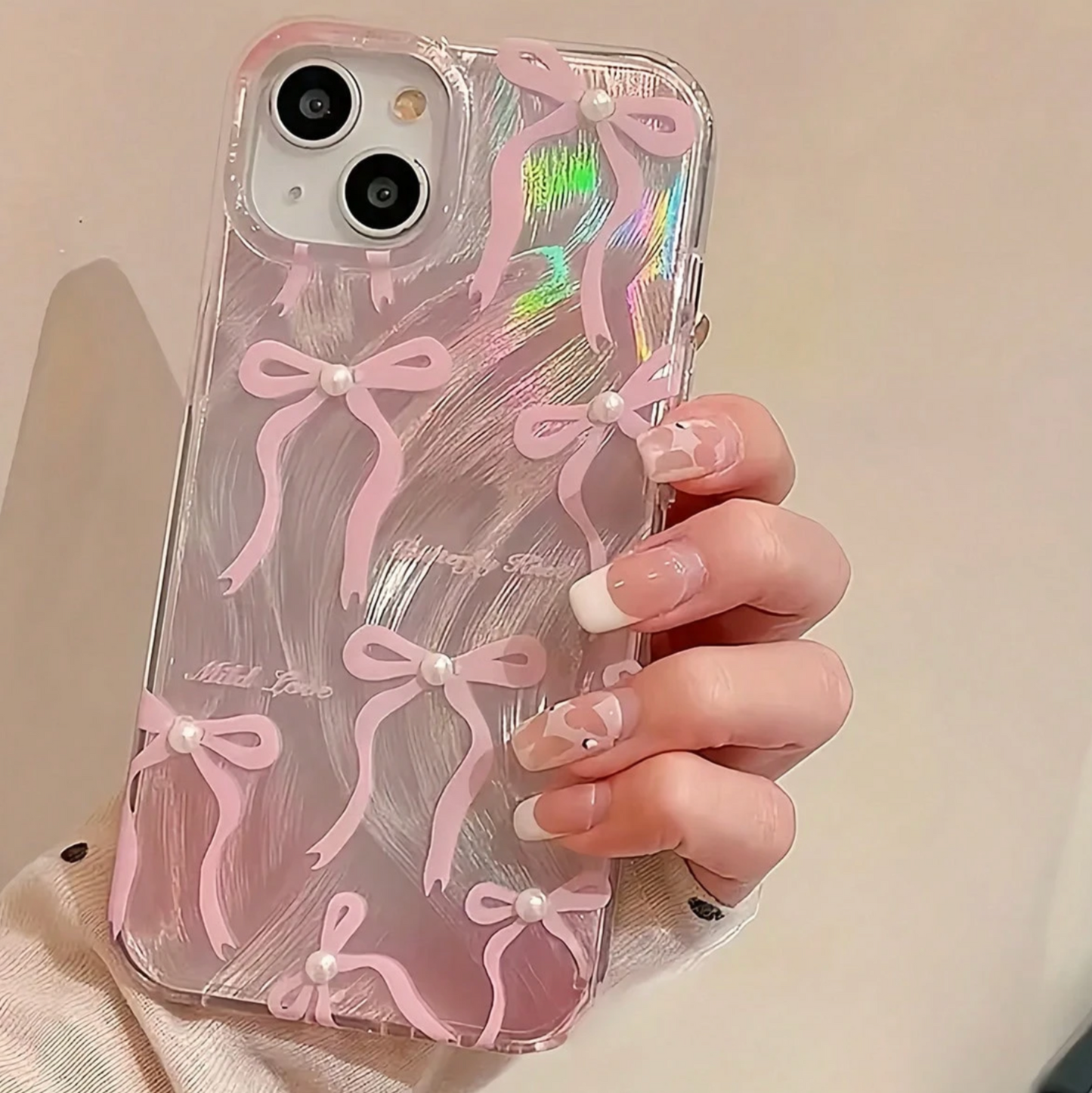 Pink Bow Faux Pearl Phone Case – Elegant Protective Case Compatible with iPhone, Cute Girly Gift