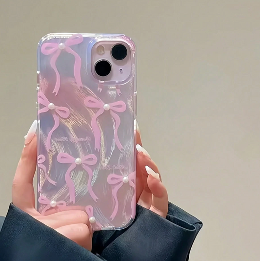 Pink Bow Faux Pearl Phone Case – Elegant Protective Case Compatible with iPhone, Cute Girly Gift