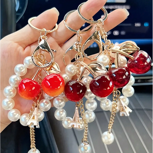 Red Glitter Cherry Pearl Keychain – Cute Bag Charm for Women, Alloy Pendant Accessory for Purse or Backpack
