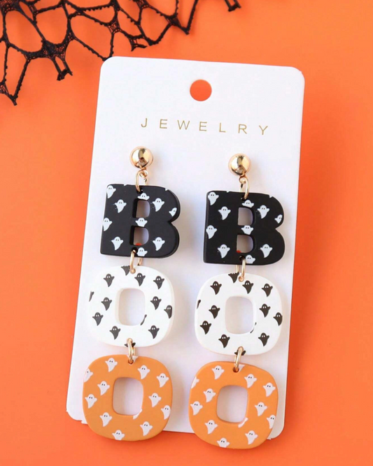 Halloween Ghost Printed Acrylic & Polymer Clay BOO Earrings