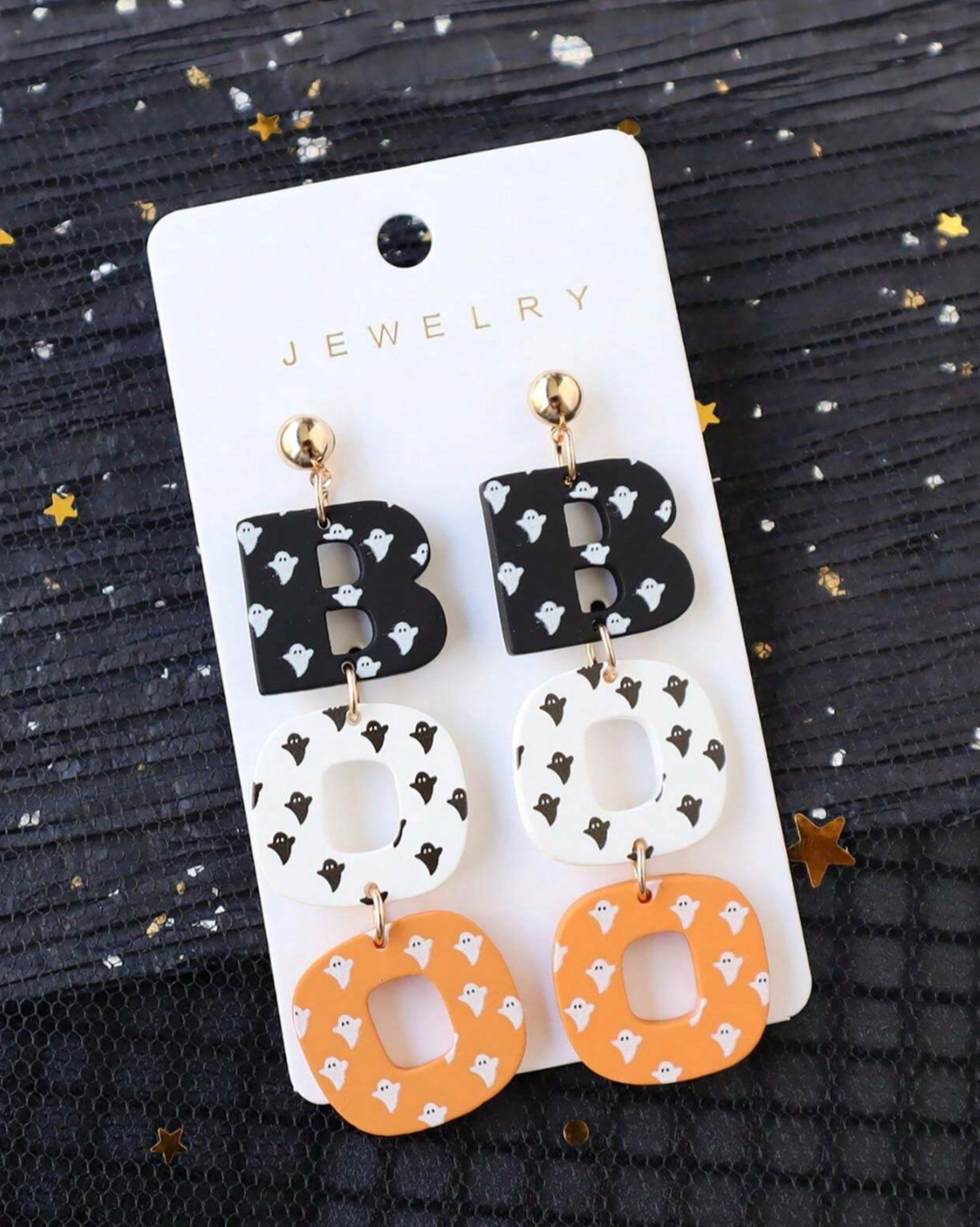 Halloween Ghost Printed Acrylic & Polymer Clay BOO Earrings