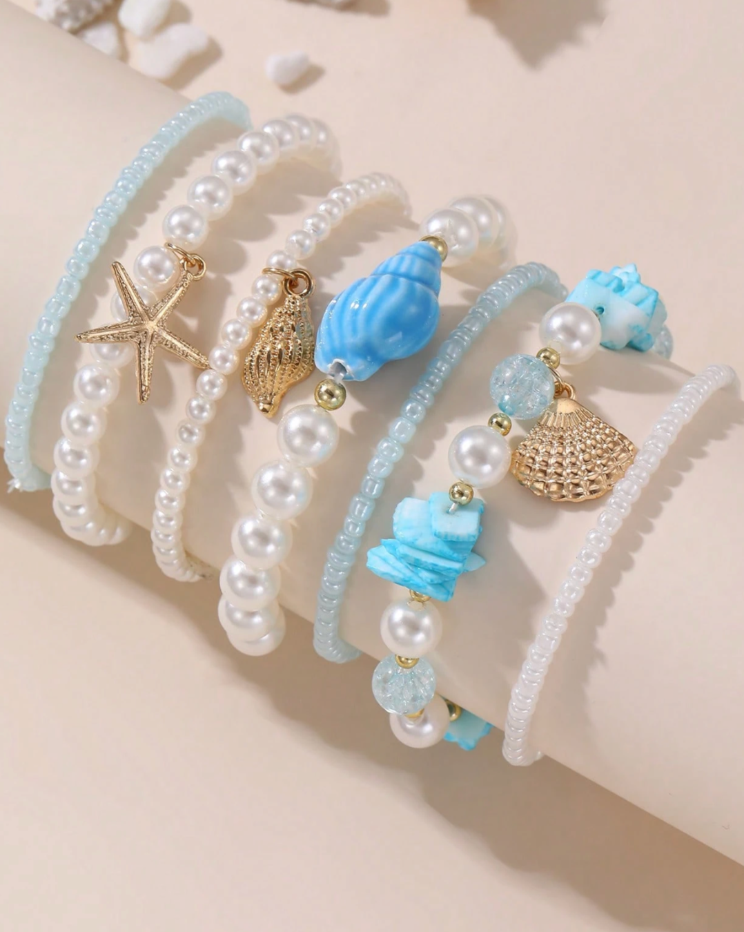 Bohemian Beach Themed Faux Pearl Beaded Bracelet Set For Girl - 7 Unique Stretchy Adjustable Styles with Seashell Charms & Gold Accents Perfect for Summer Glam
