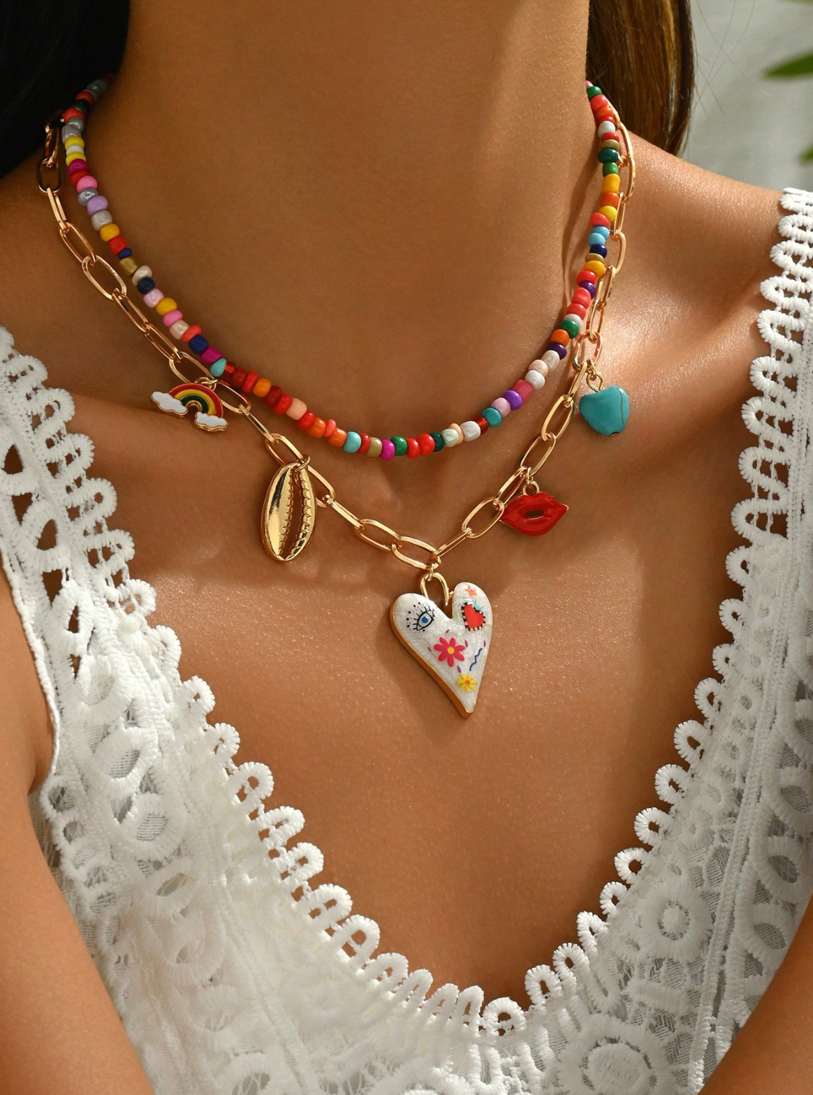 2pcs Funky Pendant Necklace Set – Colorful Beaded Chains with Heart, Lips, Shell, Rainbow & Turquoise Charms