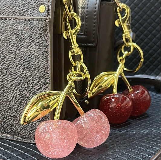 Cherry Bag Charm Keychain – Glitter Cherry Pendant with Gold Chain Clip