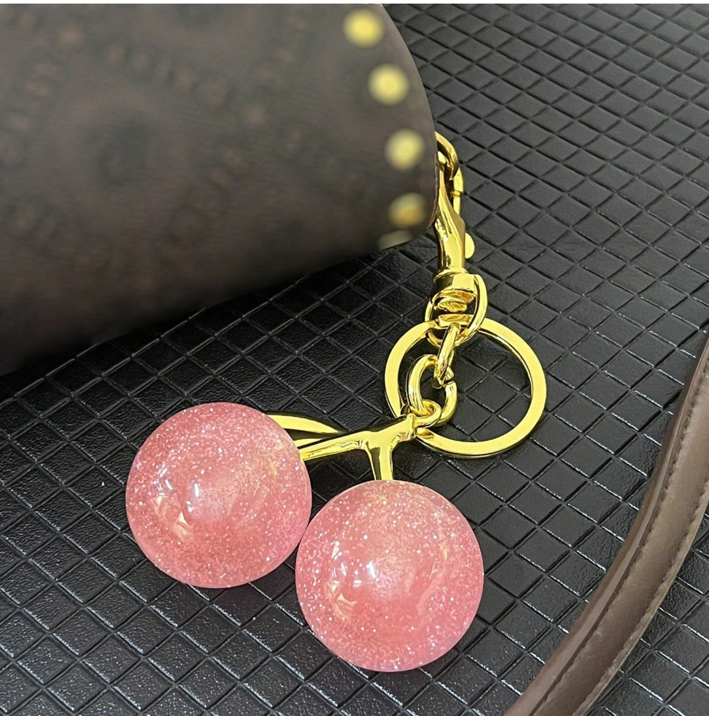Cherry Bag Charm Keychain – Glitter Cherry Pendant with Gold Chain Clip