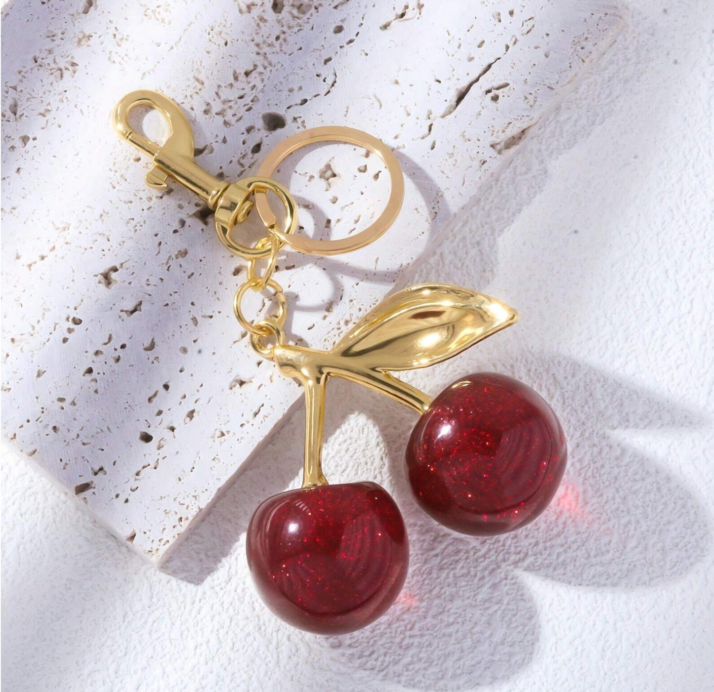 Cherry Bag Charm Keychain – Glitter Cherry Pendant with Gold Chain Clip