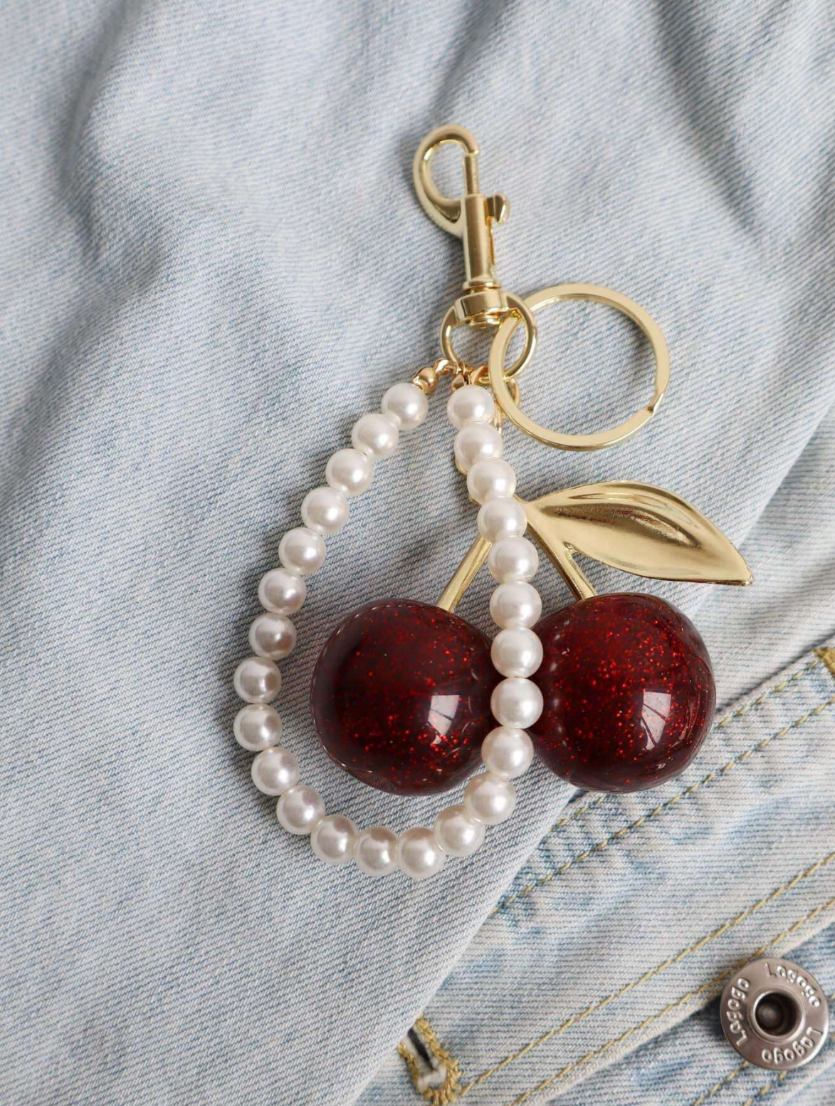 Cherry Bag Charm Keychain – Glitter Cherry Pendant with Gold Chain Clip