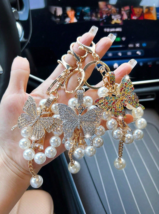 Rhinestone Butterfly Pearl Keychain – Elegant Bag & Car Charm for Women