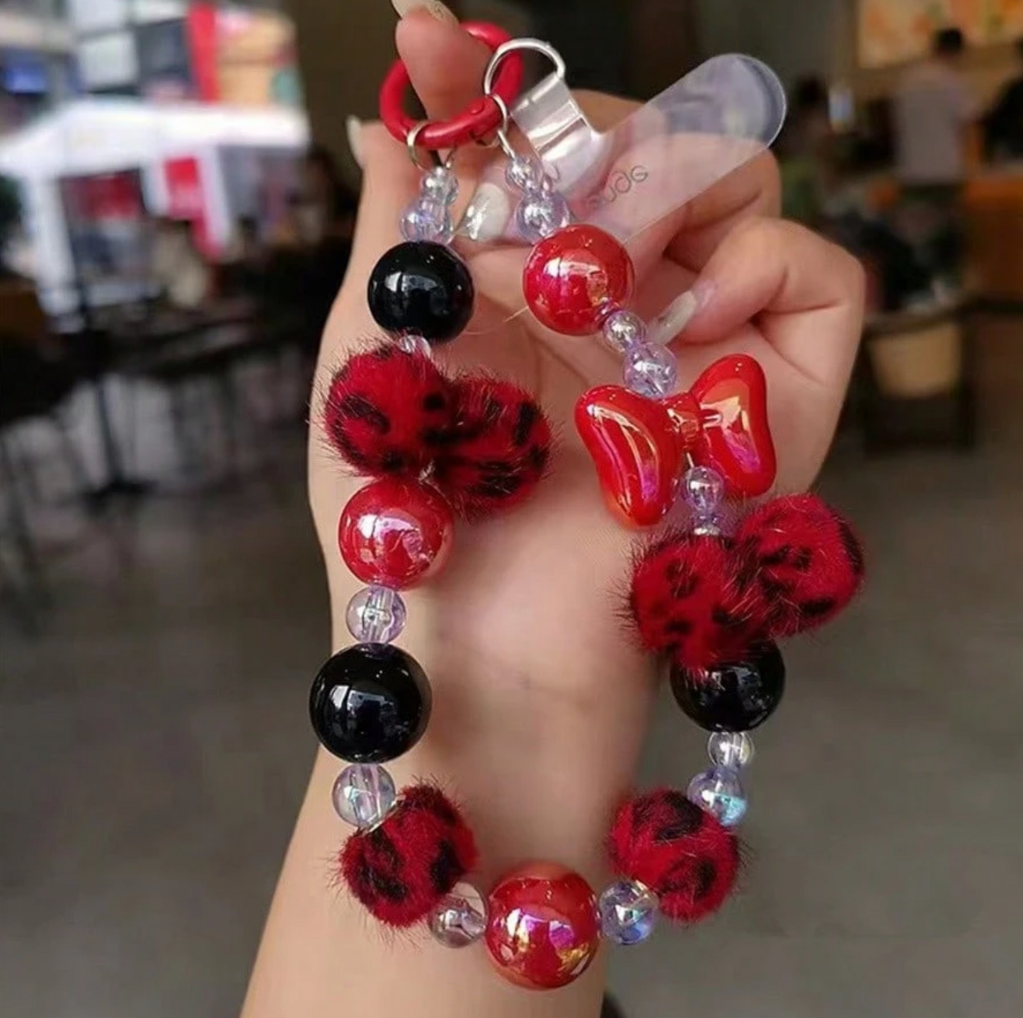 Leopard Fur Pom Pom Beaded Wrist Strap – High-End Bowknot Clip-On Lanyard for Phones, Keys & Bags