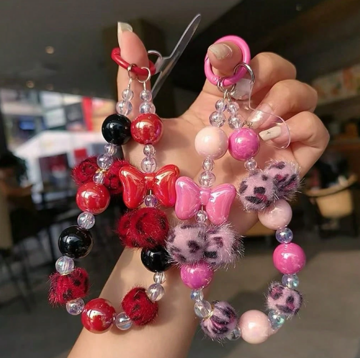 Leopard Fur Pom Pom Beaded Wrist Strap – High-End Bowknot Clip-On Lanyard for Phones, Keys & Bags