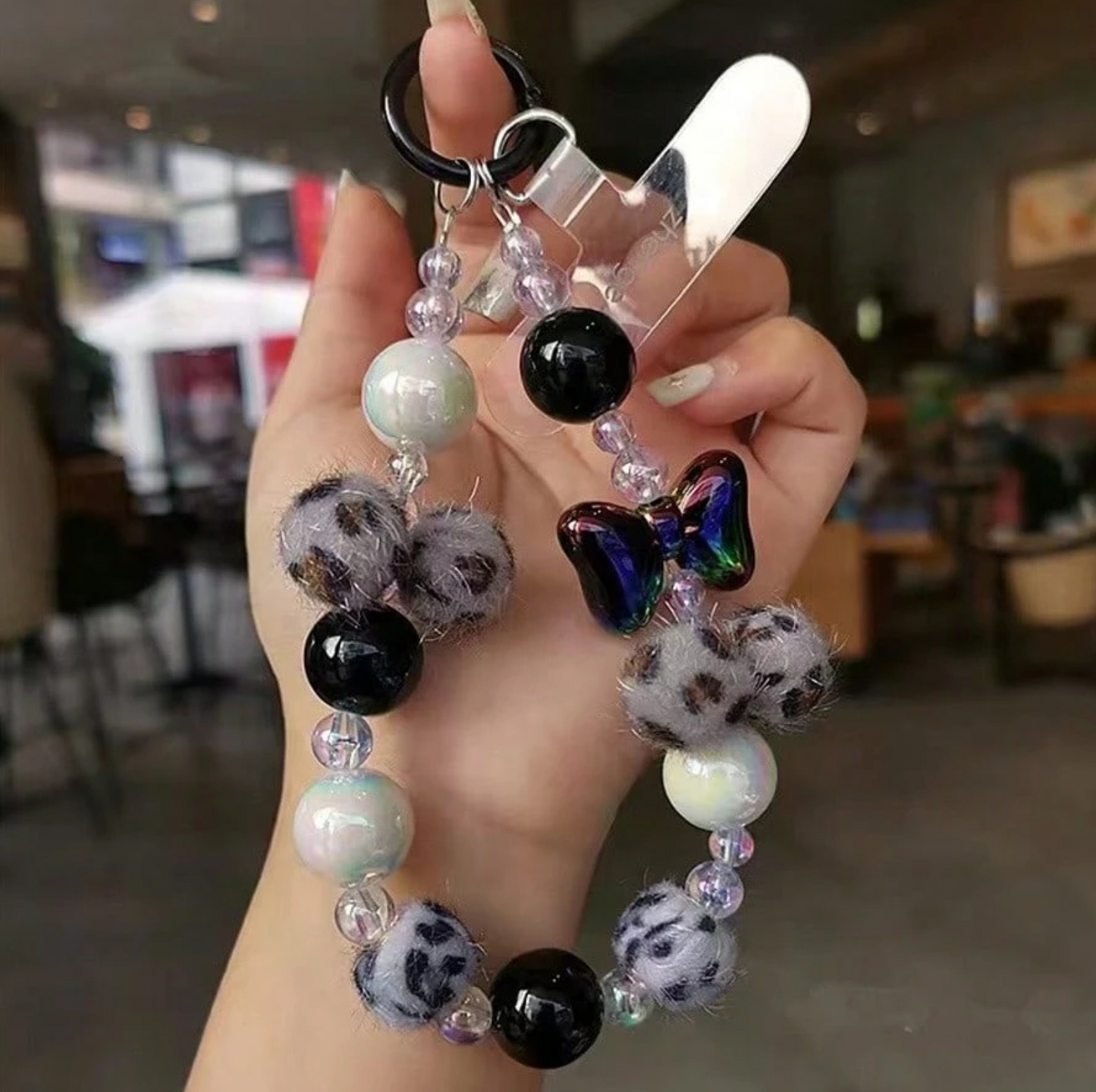 Leopard Fur Pom Pom Beaded Wrist Strap – High-End Bowknot Clip-On Lanyard for Phones, Keys & Bags