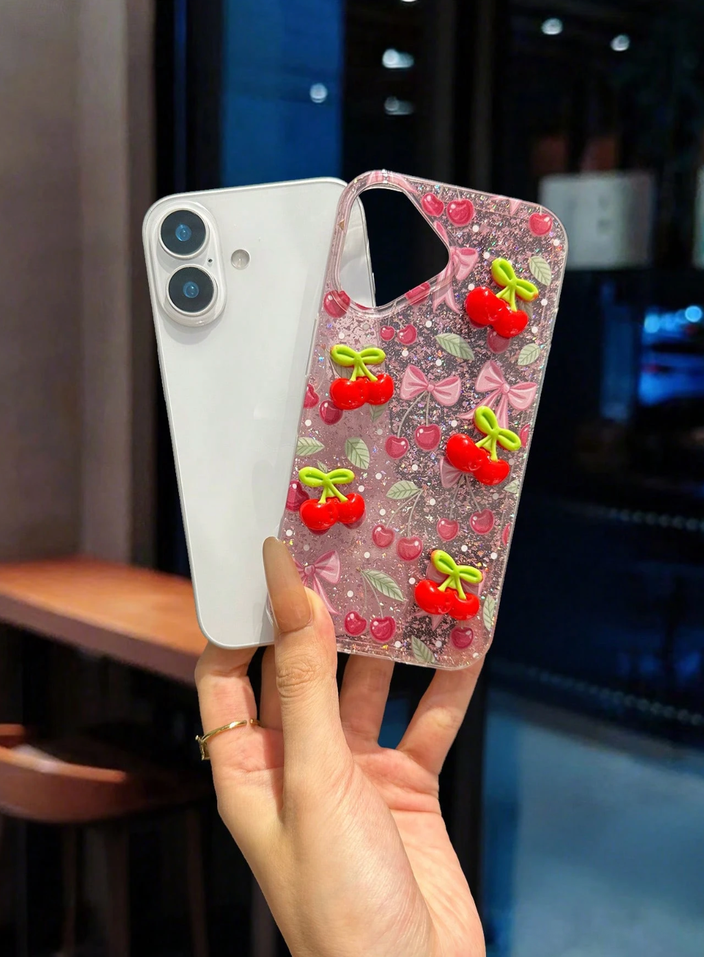 Red Glitter Epoxy Floral Phone Case – Cherry & Strawberry Variations with Dangling Charm | Shockproof Transparent Cover for iPhone