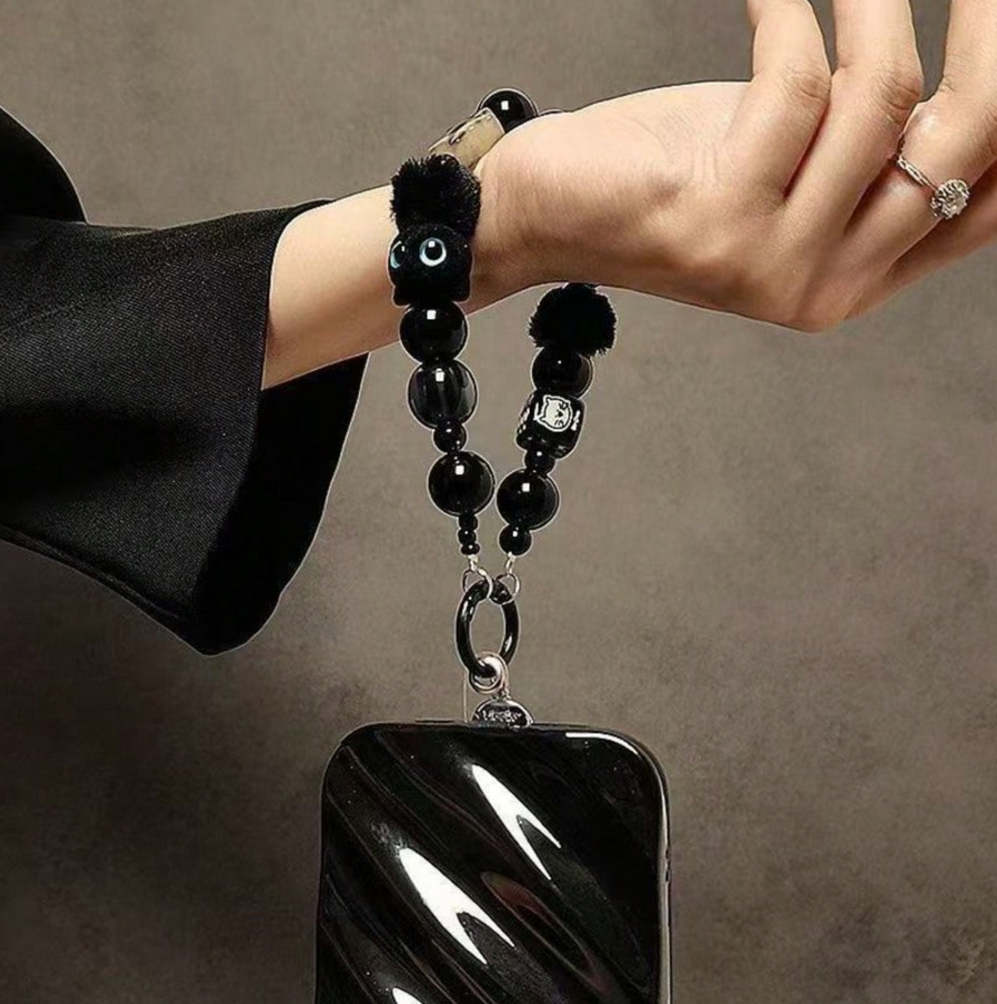 Unique Black Beaded Phone Strap – Wrist Lanyard for Phones, Handbags & Cameras