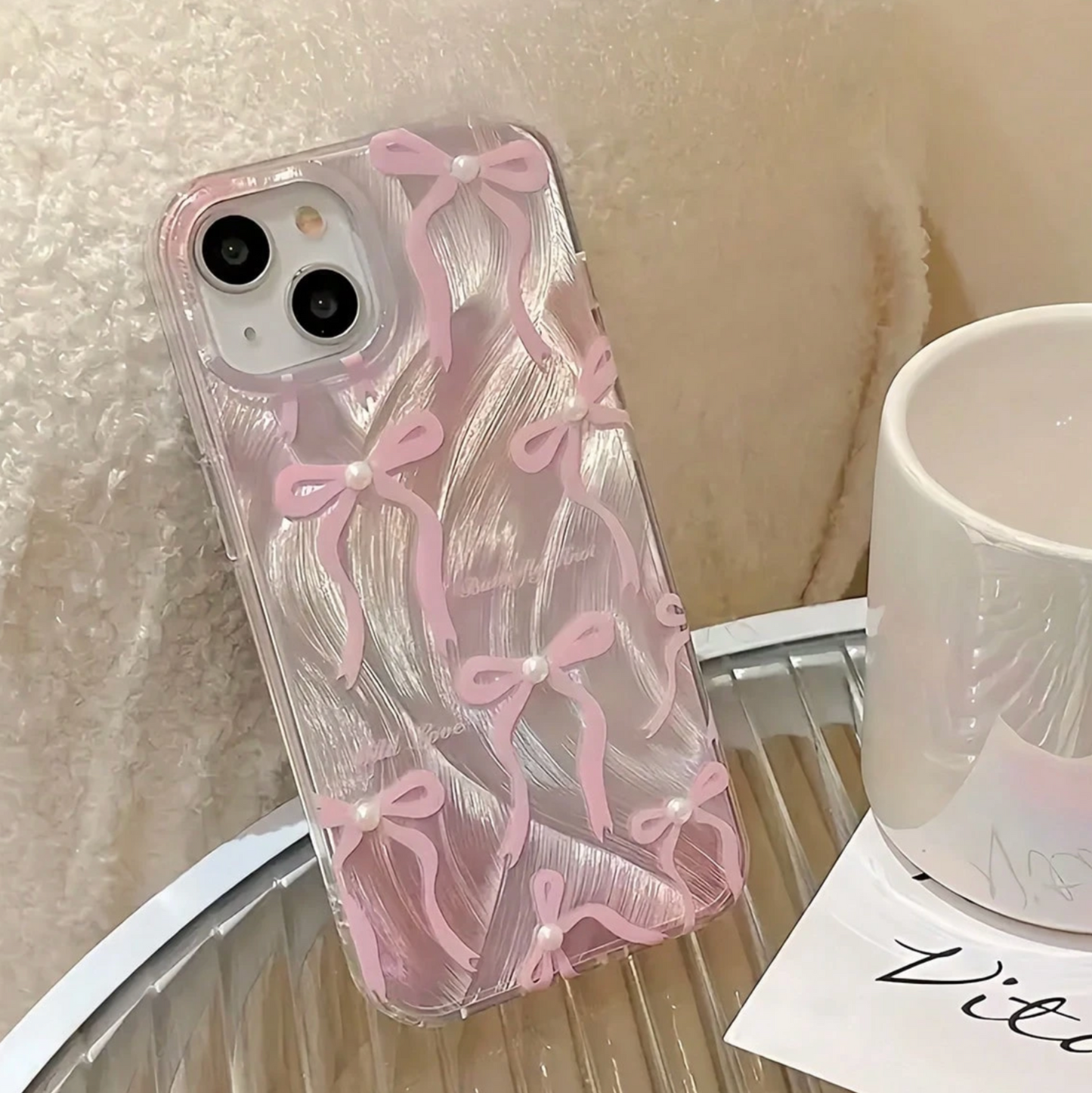 Pink Bow Faux Pearl Phone Case – Elegant Protective Case Compatible with iPhone, Cute Girly Gift