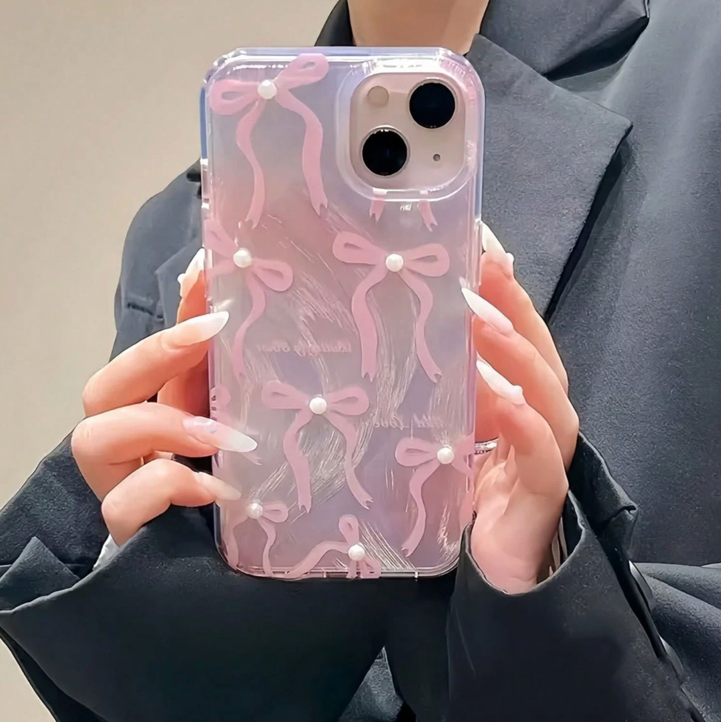 Pink Bow Faux Pearl Phone Case – Elegant Protective Case Compatible with iPhone, Cute Girly Gift