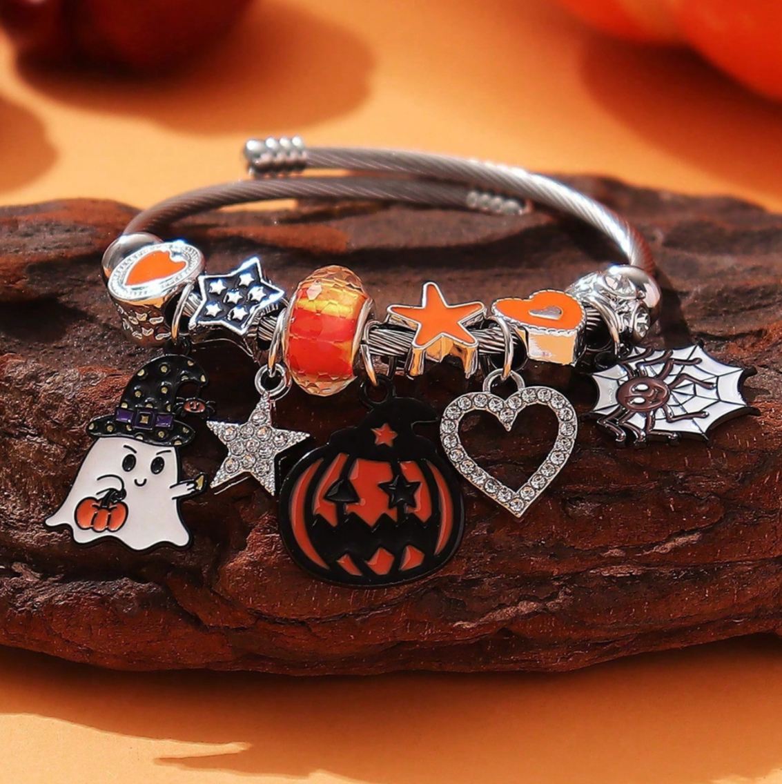 Halloween Beaded Bracelet with Cute Ghost and Pumpkin Charms