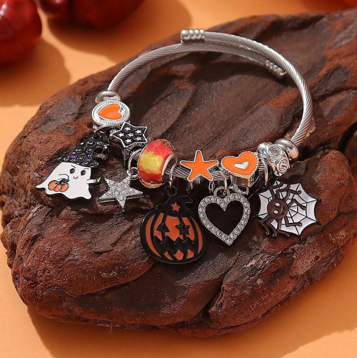 Halloween Beaded Bracelet with Cute Ghost and Pumpkin Charms